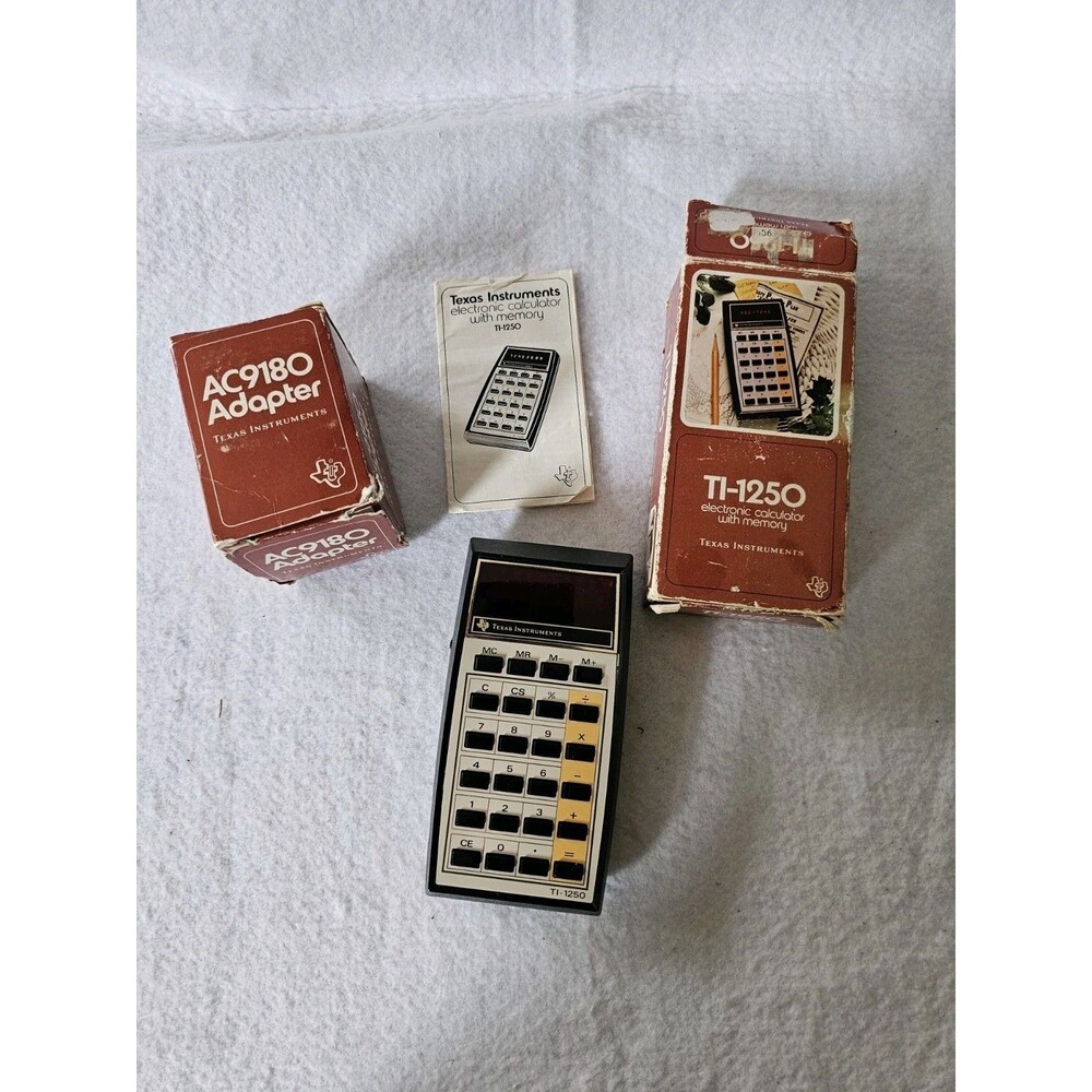 Vintage Texas Instruments TI-1250 Calculator Red LED Display w/9180 AC Adapter